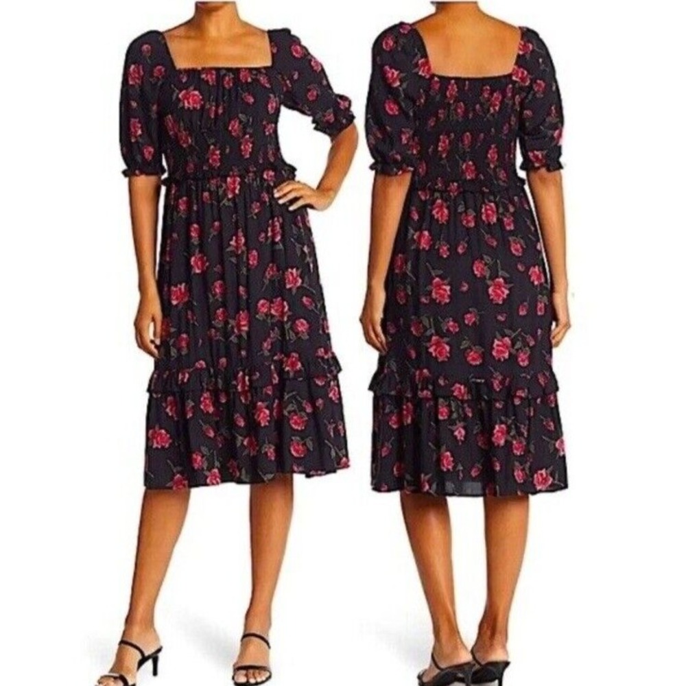 Angie Womens Size S Black Floral Rose Puff Sleeve Smocked Ruffle Midi Dress Boho
